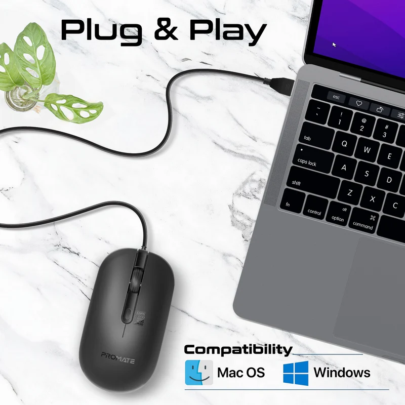 PROMATE CM-2400 Sleek 4 Button Wired Optical Mouse with 2400dpi, 1.5M Cable