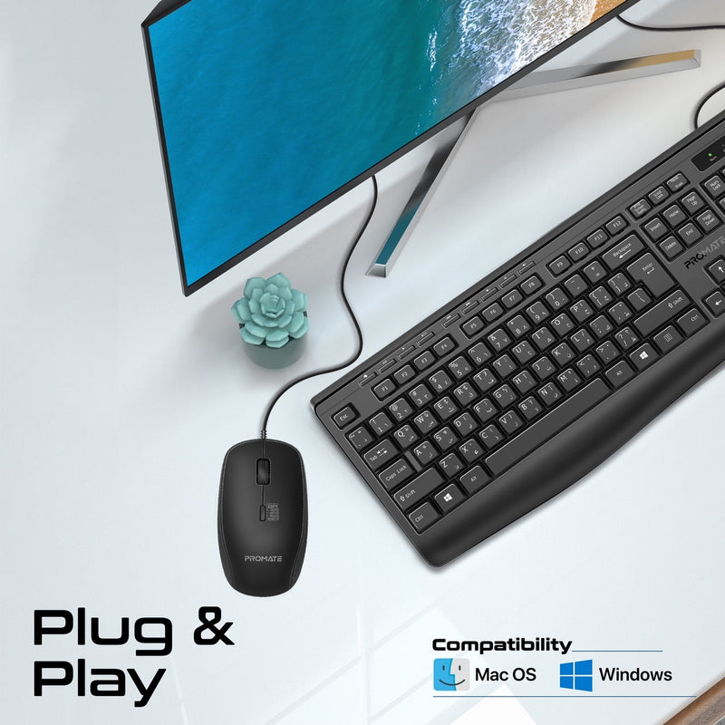 PROMATE Combo-CM4.EN/AR Ergonomic Wired Multimedia Keyboard & Mouse