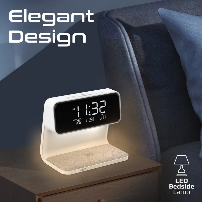 PROMATE Lumix-15W LED Alarm Clock with 15W Wireless Charger