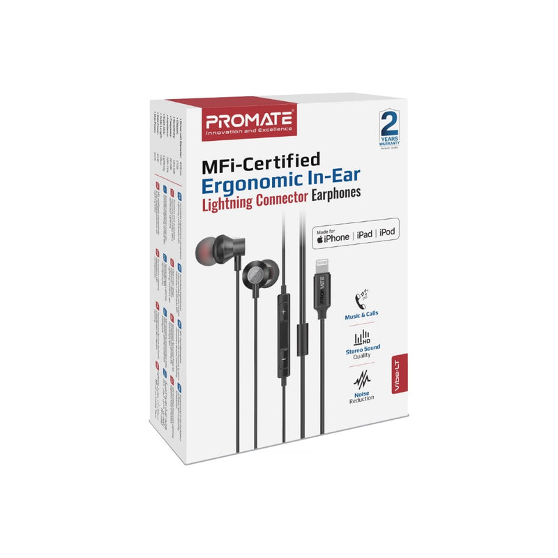 PROMATE Vibe-LT.Black MFi Certified High Fidelity In-Ear Wired Stereo Earphones
