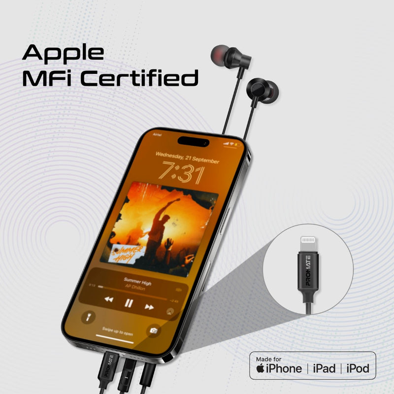 PROMATE Vibe-LT.Black MFi Certified High Fidelity In-Ear Wired Stereo Earphones