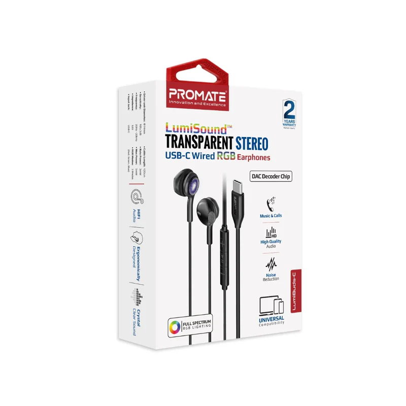 PROMATE LumiBuds-C High Fidelity Transparent Stereo Wired Earphones