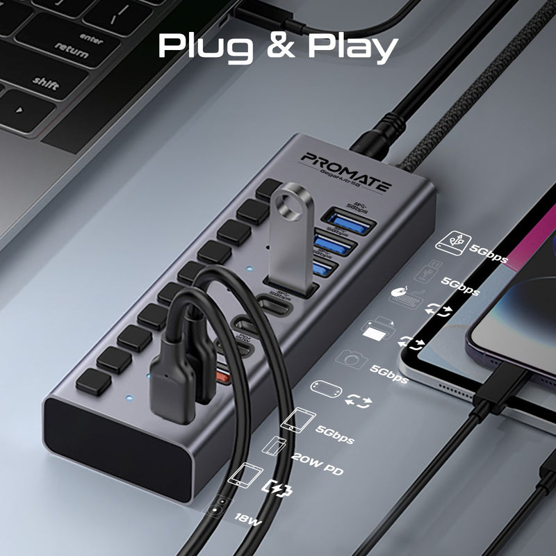 GegaHub-5G.UK 10 Port 5Gbps USB-C Hub, 4 x USB-A 5Gbps port, 3 x USB-C 5Gbps