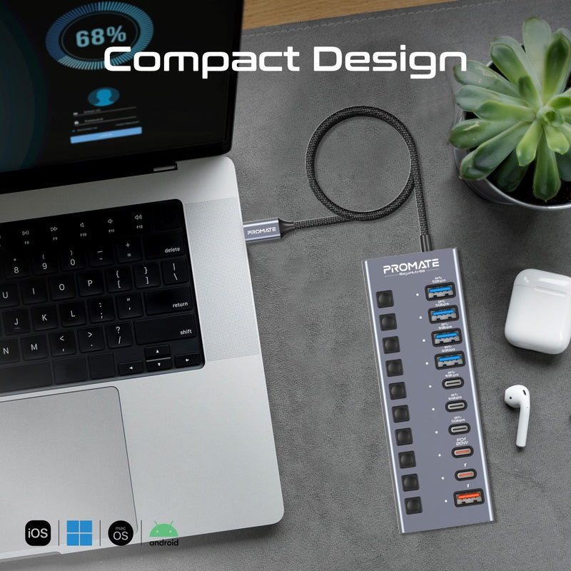 GegaHub-5G.UK 10 Port 5Gbps USB-C Hub, 4 x USB-A 5Gbps port, 3 x USB-C 5Gbps