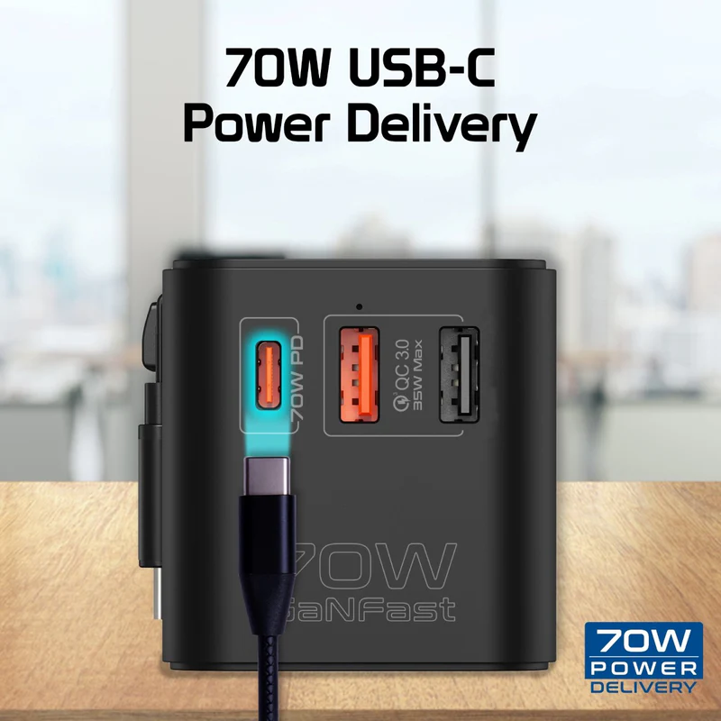 PROMATE TripMate-GaN70R 70W GaN Travel Adapter w/ Retractable built-in USB-C