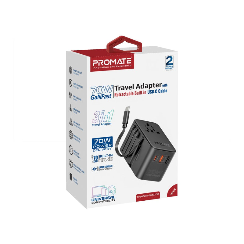 PROMATE TripMate-GaN70R 70W GaN Travel Adapter w/ Retractable built-in USB-C