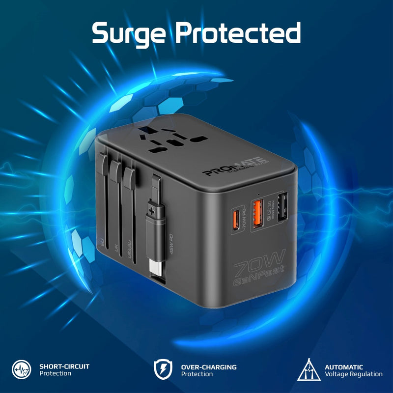 PROMATE TripMate-GaN70R 70W GaN Travel Adapter w/ Retractable built-in USB-C