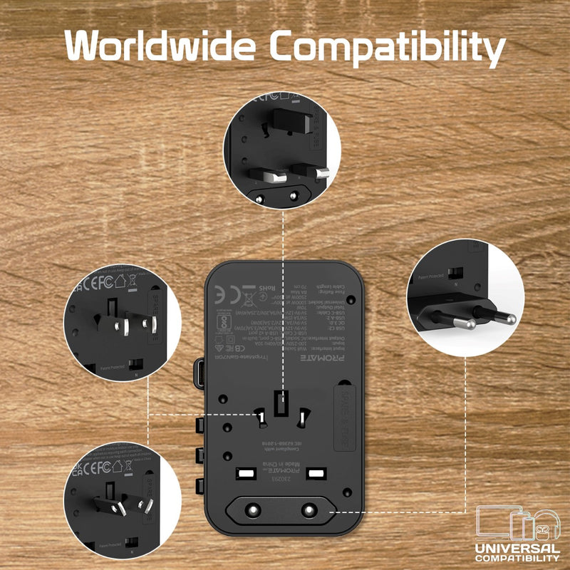 PROMATE TripMate-GaN70R 70W GaN Travel Adapter w/ Retractable built-in USB-C