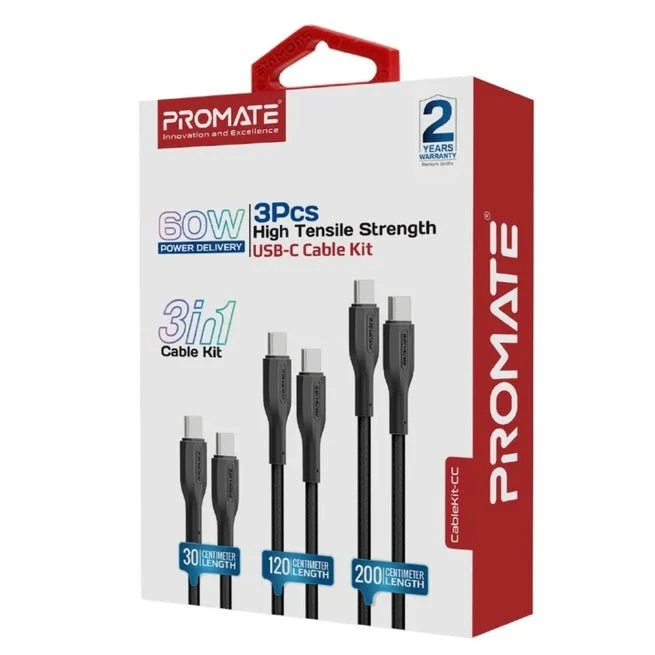 PROMATE CableKit-CC 3pc 60W PD USB-C to USB-C Cables with 30cm