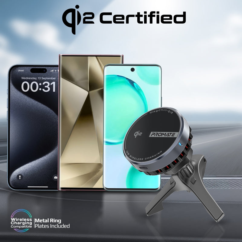 PROMATE MagChill-Qi2 15W Qi2 Certified Wireless Charging Car Mount with Phone Cooling Feature