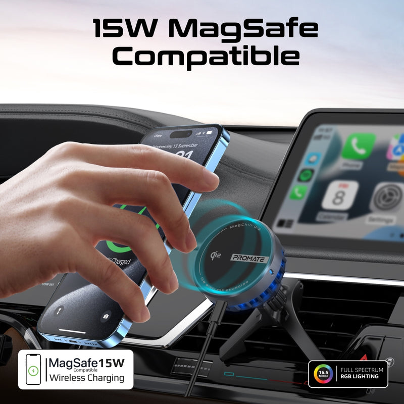 PROMATE MagChill-Qi2 15W Qi2 Certified Wireless Charging Car Mount with Phone Cooling Feature