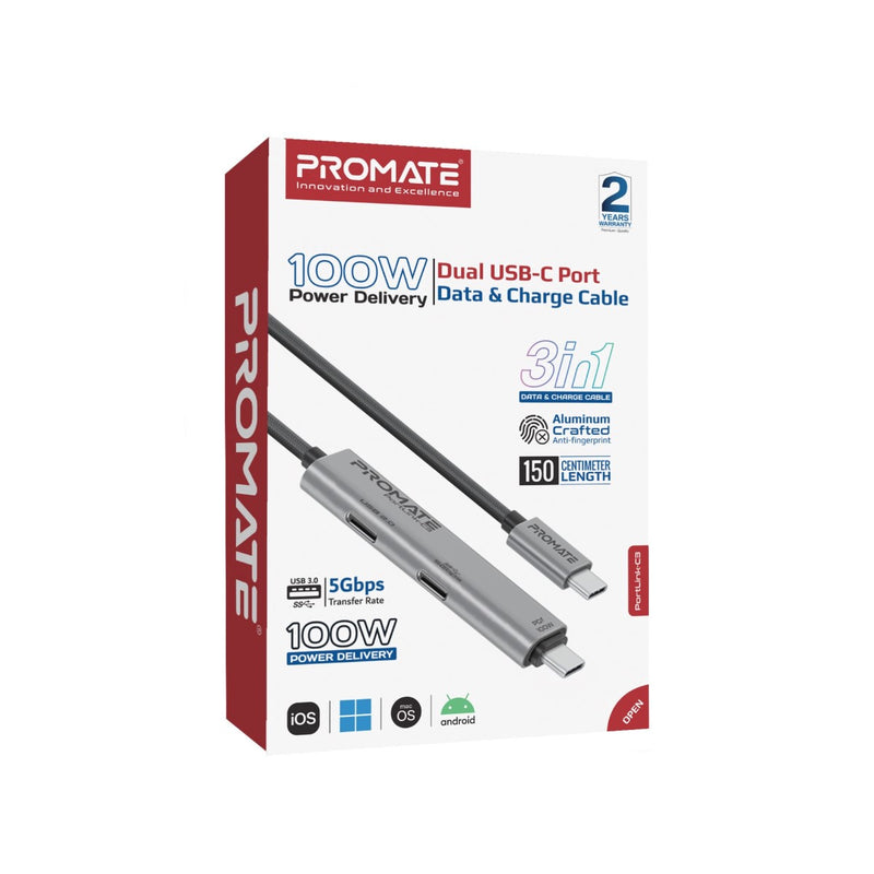 PROMATE PortLink-C3.Black 100W PD USB-C to USB-C Data and Charge Cable w/ 5Gbps