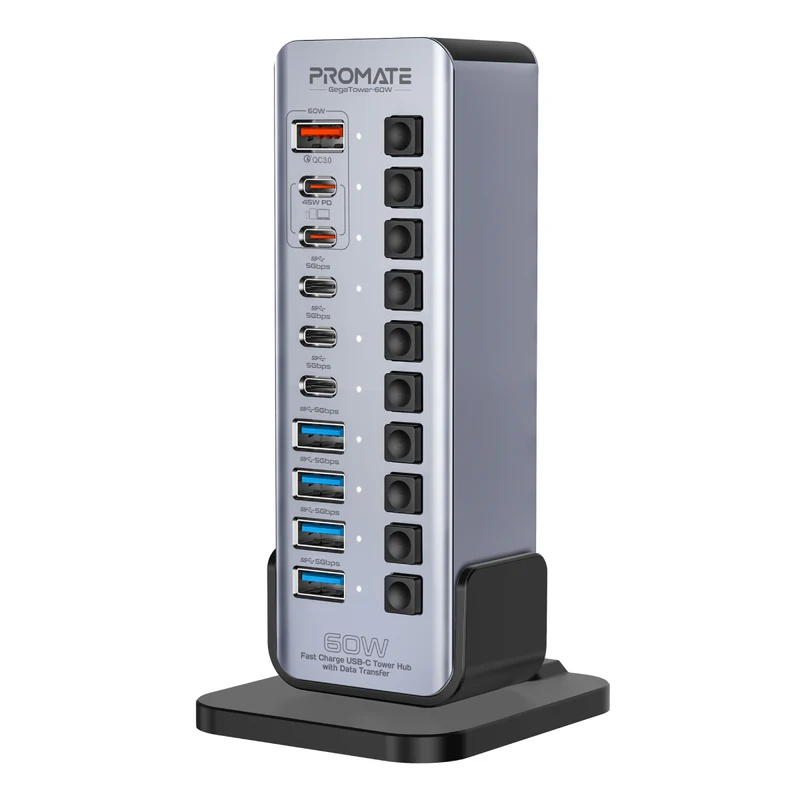 PROMATE GegaTower-60W.UK 10 Port 5Gbps USB-C Tower Hub, 4 x USB-A 5Gbps port