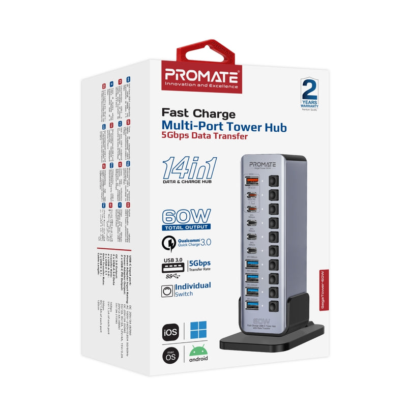 PROMATE GegaTower-60W.UK 10 Port 5Gbps USB-C Tower Hub, 4 x USB-A 5Gbps port