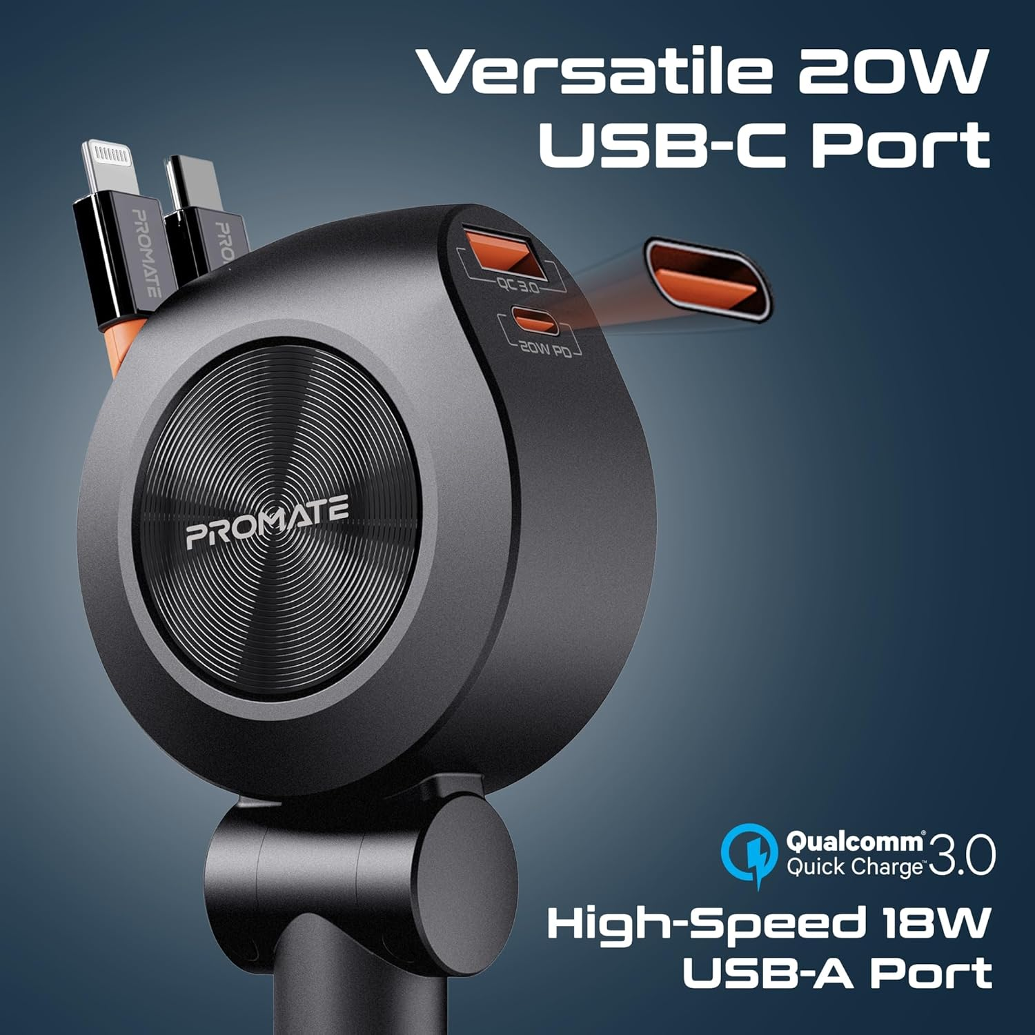Promate 4-in-1 Car Charger with Built-In PD30W USB-C and PD20W Lightning Retractable Cables