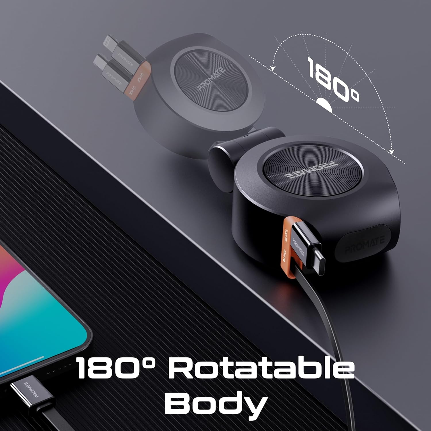Promate 4-in-1 Car Charger with Built-In PD30W USB-C and PD20W Lightning Retractable Cables