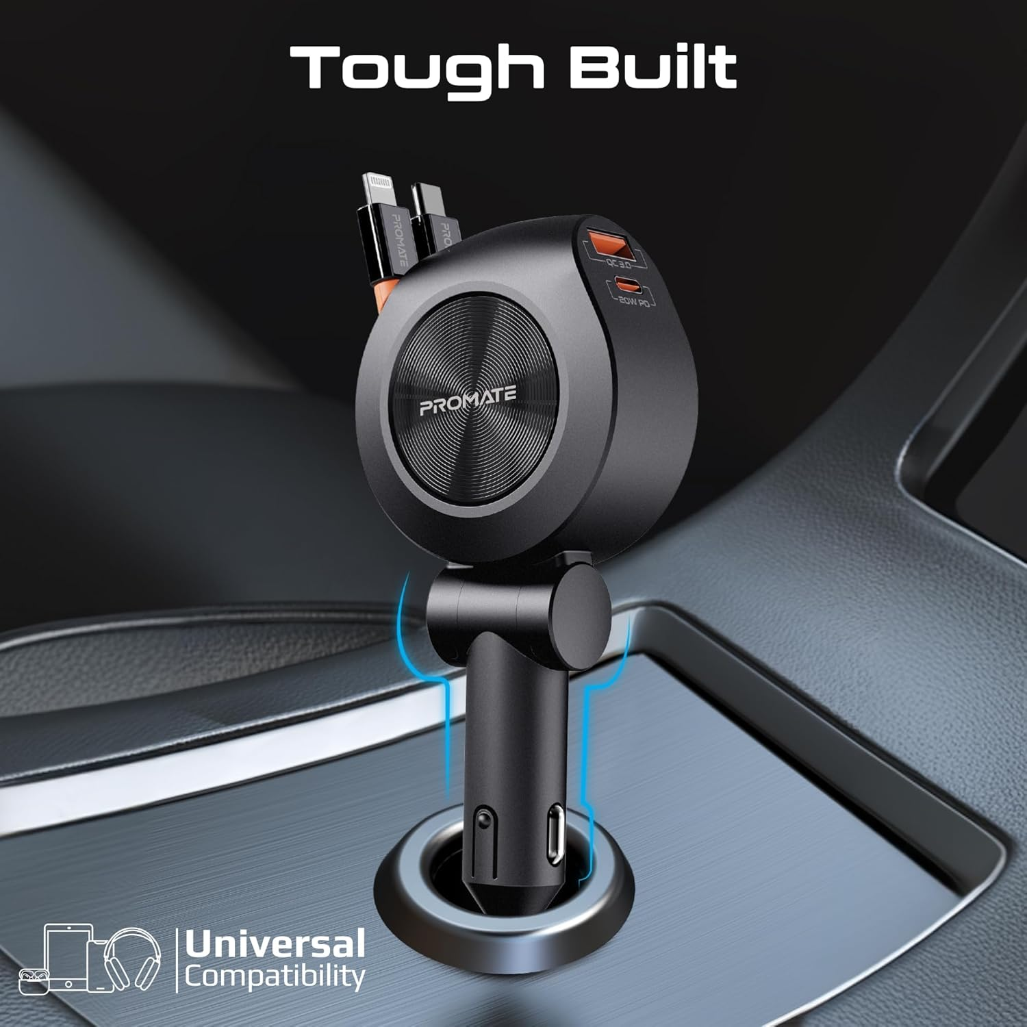 Promate 4-in-1 Car Charger with Built-In PD30W USB-C and PD20W Lightning Retractable Cables