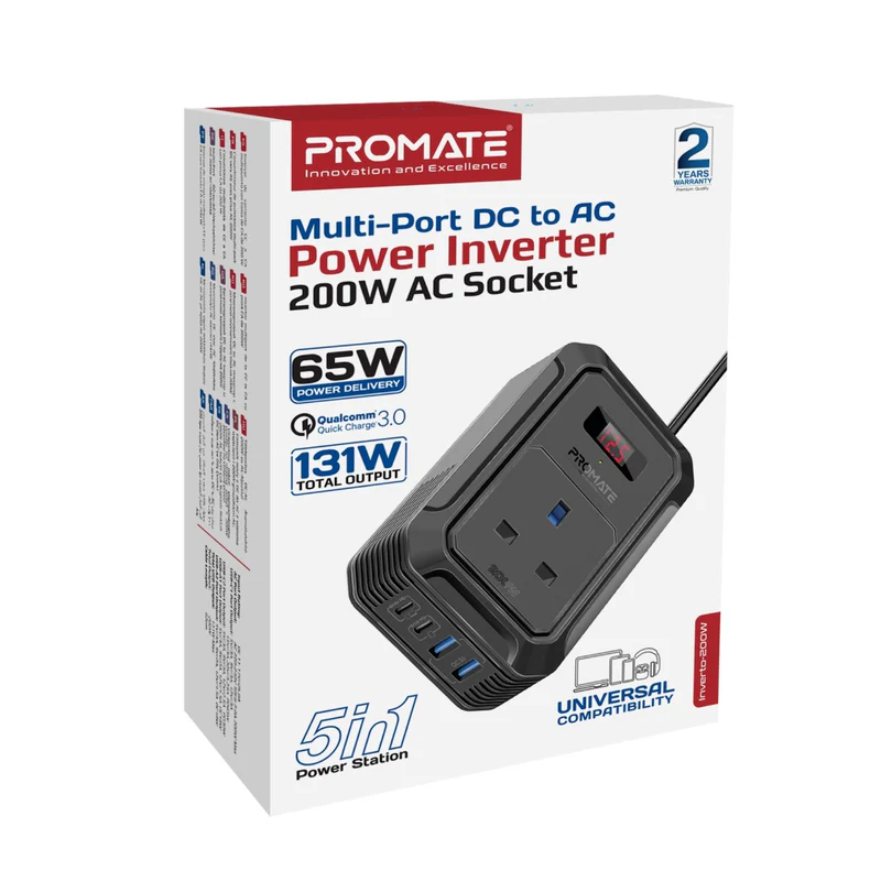 PROMATE Inverto-200W 200W AC Socket Car Power Strip w/ 65W USB-C, 30W USB-C