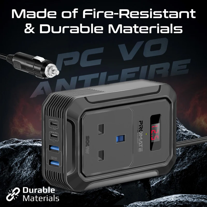 PROMATE Inverto-200W 200W AC Socket Car Power Strip w/ 65W USB-C, 30W USB-C