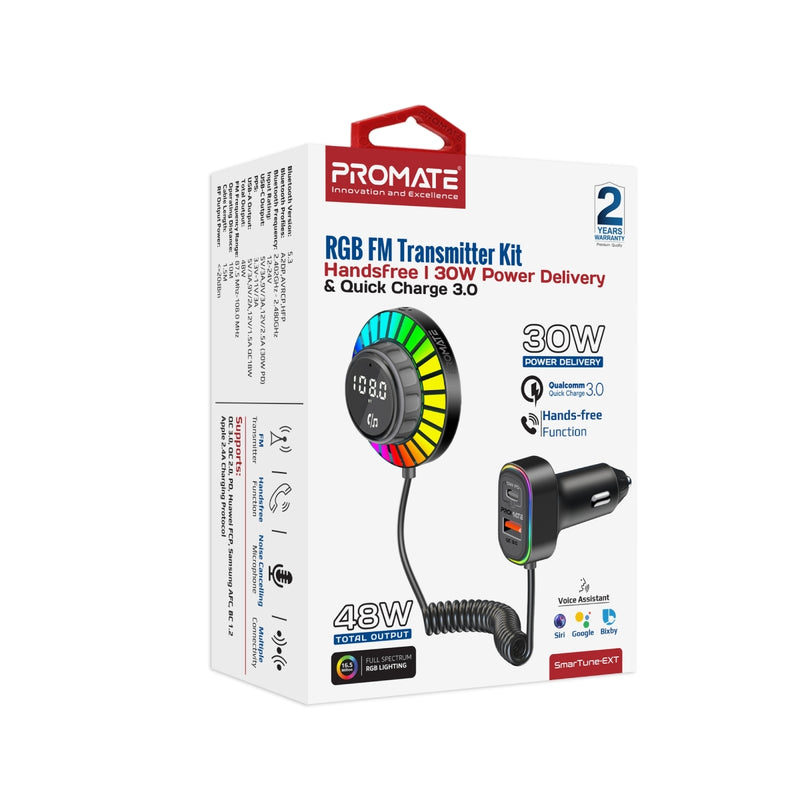 PROMATE SmarTune-EXT Bluetooth V5.3 Car FM Transmitter With 1.5m built-in Controller