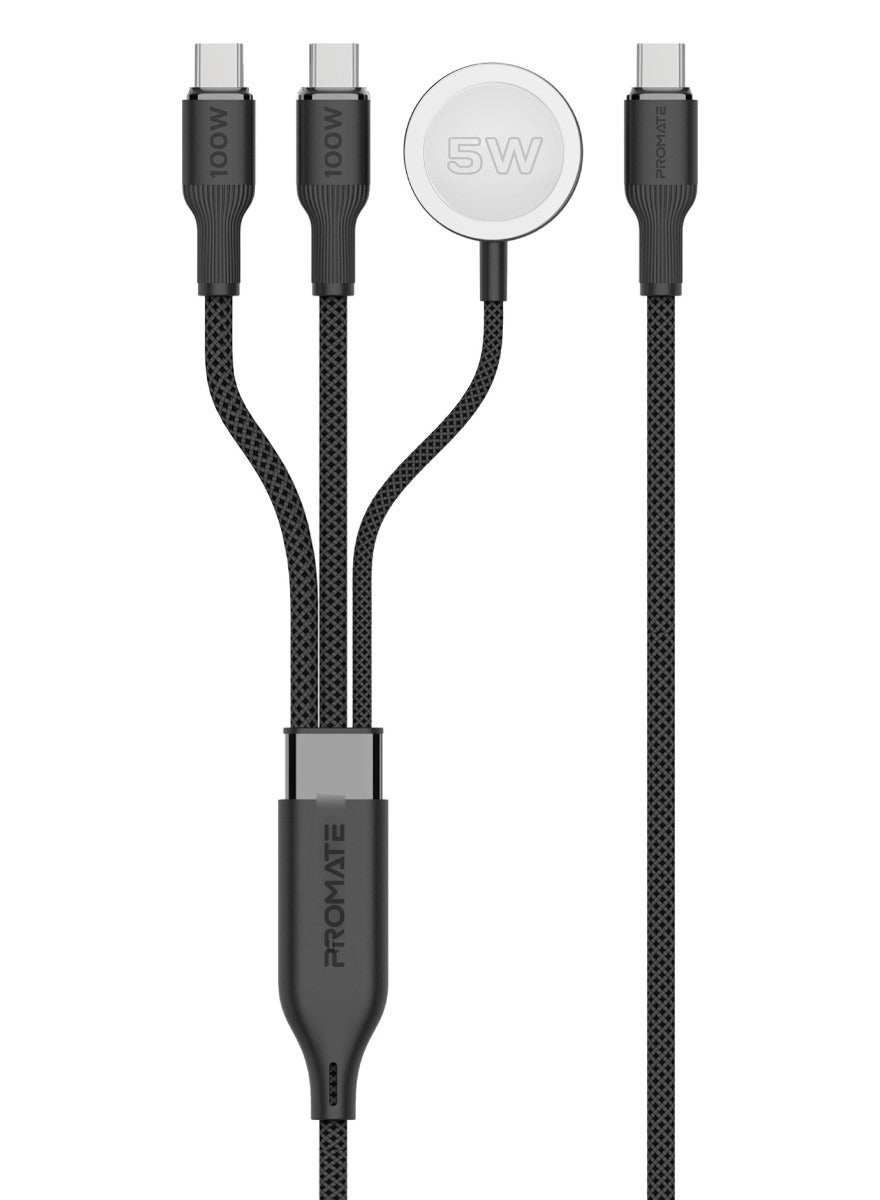 PROMATE Fusion-CCW. 3-in-1 USB-C to 100W PD USB-C, 27W USB-C & 5W Apple Watch Charger cable