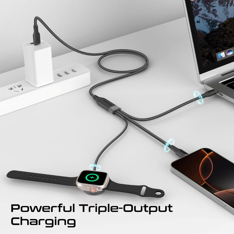 PROMATE Fusion-CCW. 3-in-1 USB-C to 100W PD USB-C, 27W USB-C & 5W Apple Watch Charger cable
