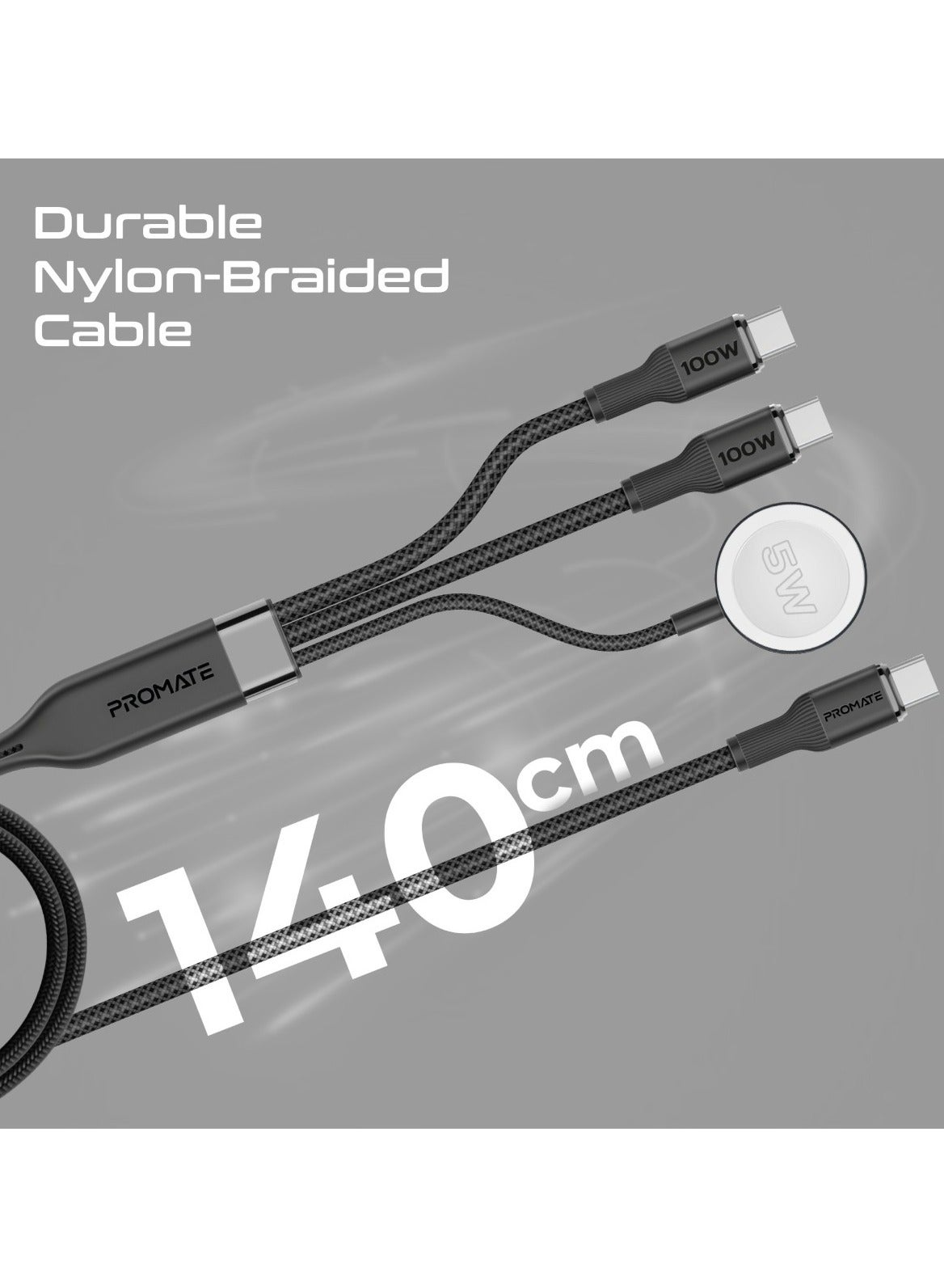 PROMATE Fusion-CCW. 3-in-1 USB-C to 100W PD USB-C, 27W USB-C & 5W Apple Watch Charger cable