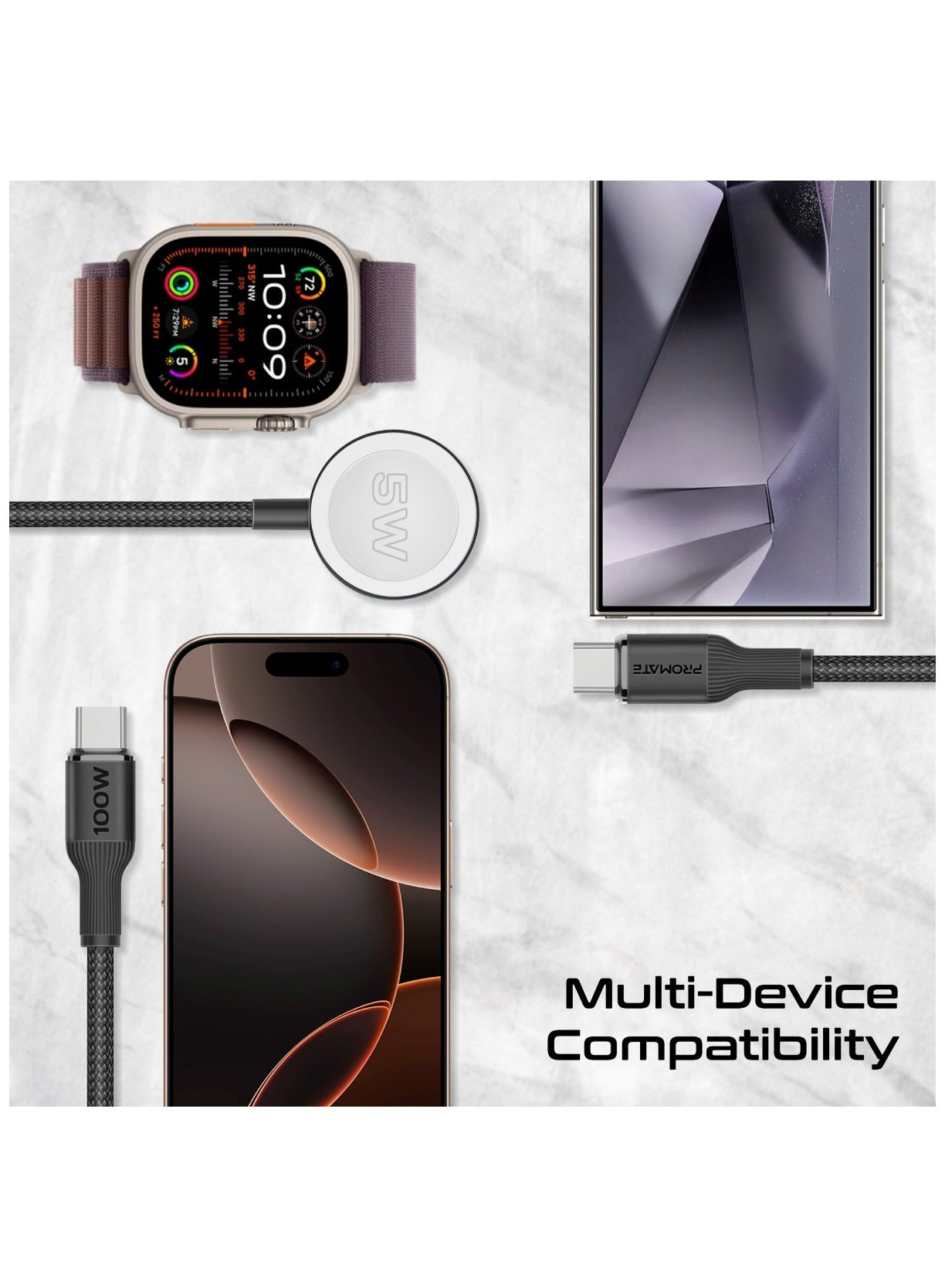PROMATE Fusion-CCW. 3-in-1 USB-C to 100W PD USB-C, 27W USB-C & 5W Apple Watch Charger cable