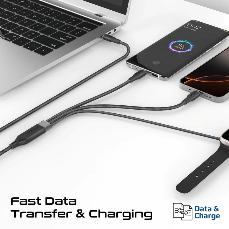 PROMATE Fusion-CCW. 3-in-1 USB-C to 100W PD USB-C, 27W USB-C & 5W Apple Watch Charger cable