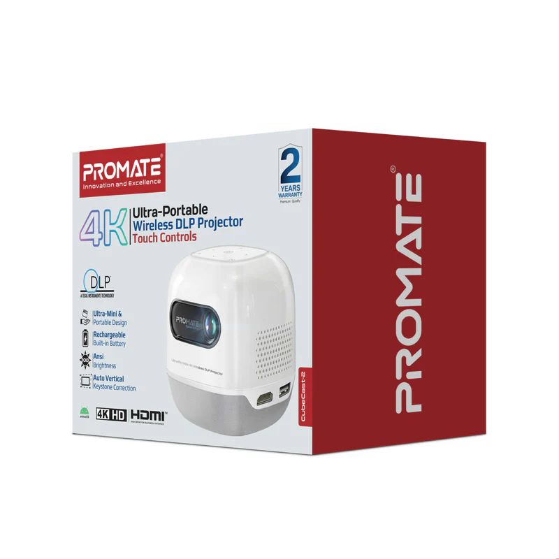 PROMATE CubeCast-2 Portable 4K Mini Wireless DLP Projector, 100ANSi Brightness