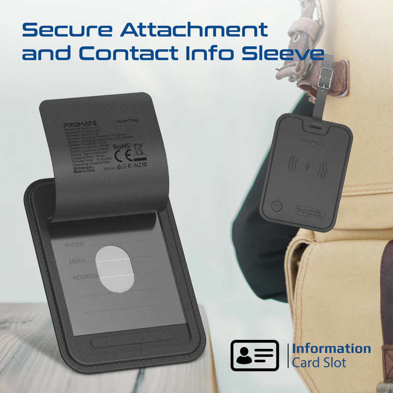 PROMATE HushTag.Black Luggage Tag with Tracking Feature, 100mAh battery
