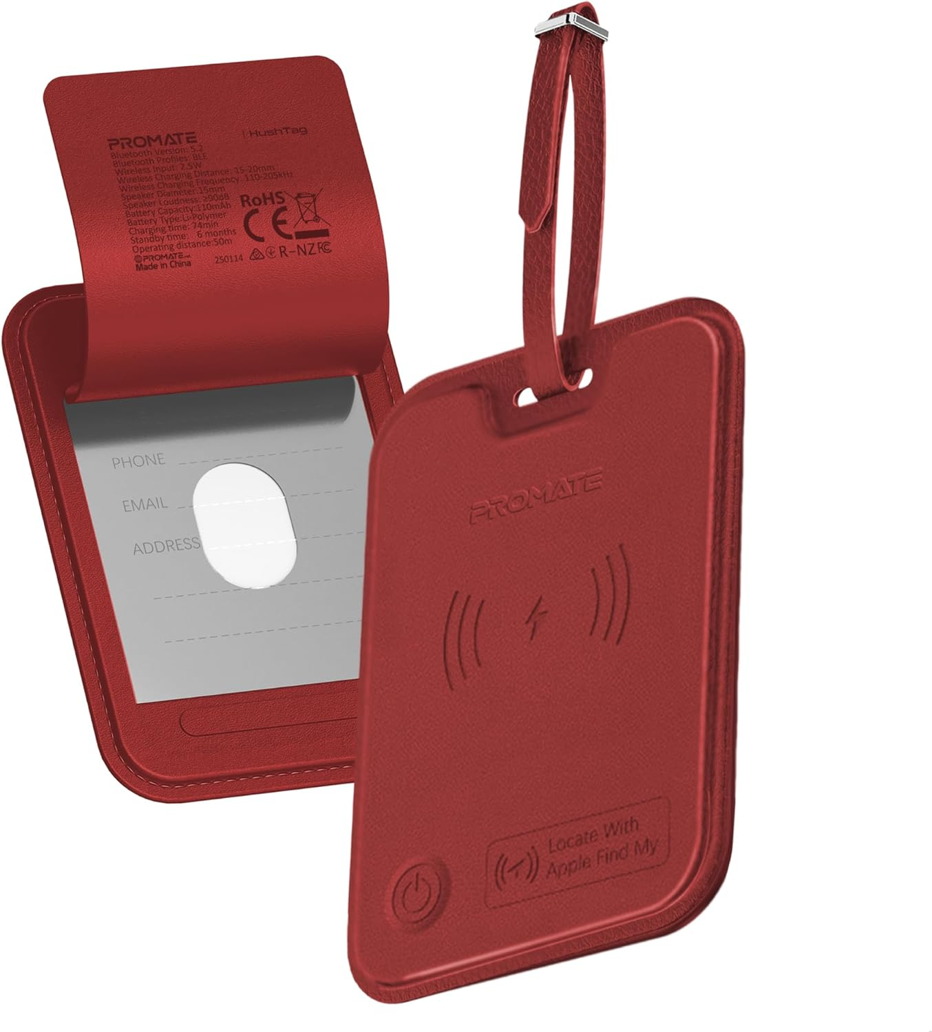 PROMATE HushTag.Burgundy Luggage Tag with Tracking Feature, 100mAh battery
