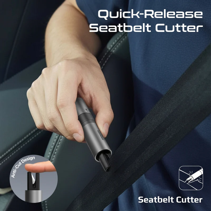 PROMATE Vexa 4-in-1 Car Safety Gadget with Safety Hammer, LED Light, Cutter, and Whistle.