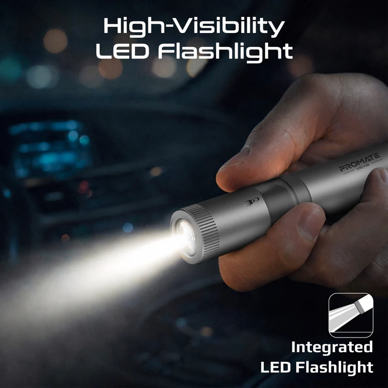 PROMATE Vexa 4-in-1 Car Safety Gadget with Safety Hammer, LED Light, Cutter, and Whistle.