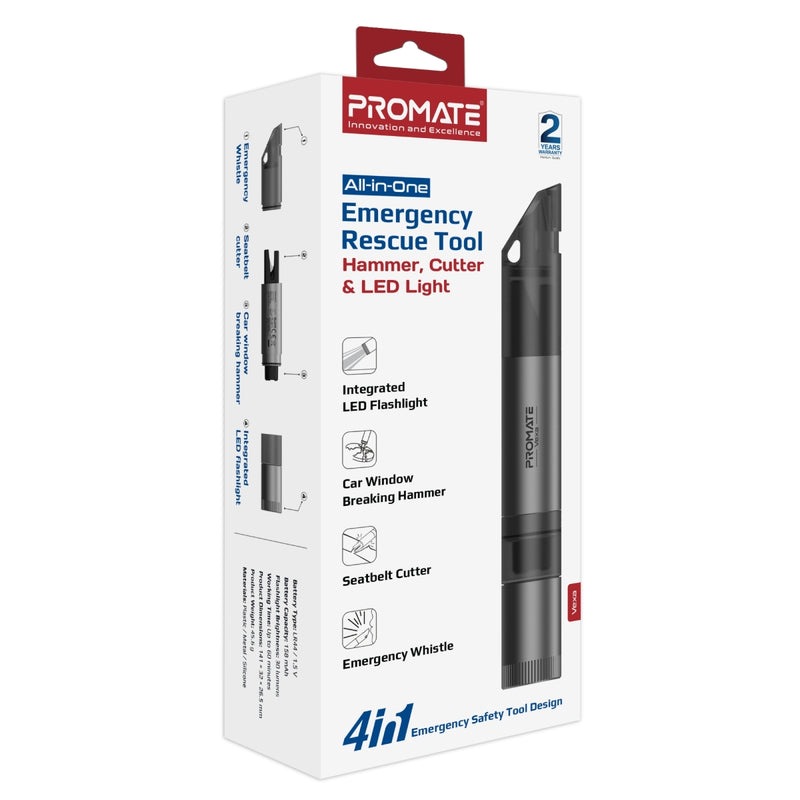 PROMATE Vexa 4-in-1 Car Safety Gadget with Safety Hammer, LED Light, Cutter, and Whistle.