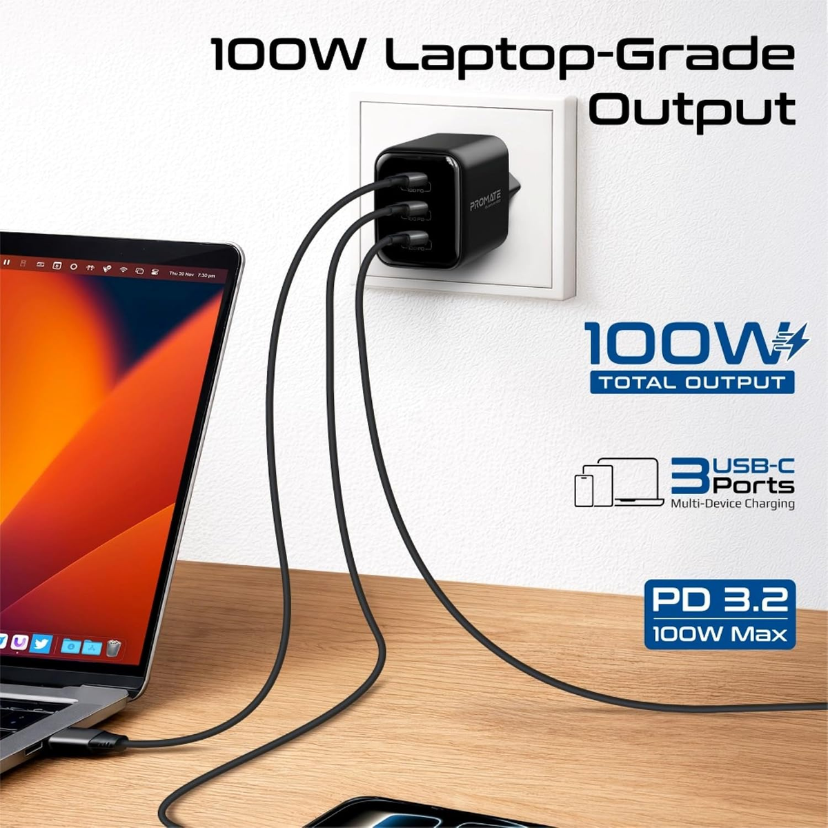 Promate Quantum100 GaN Charger 3 Port USB C Adapter Powigan 100W (WHITE)
