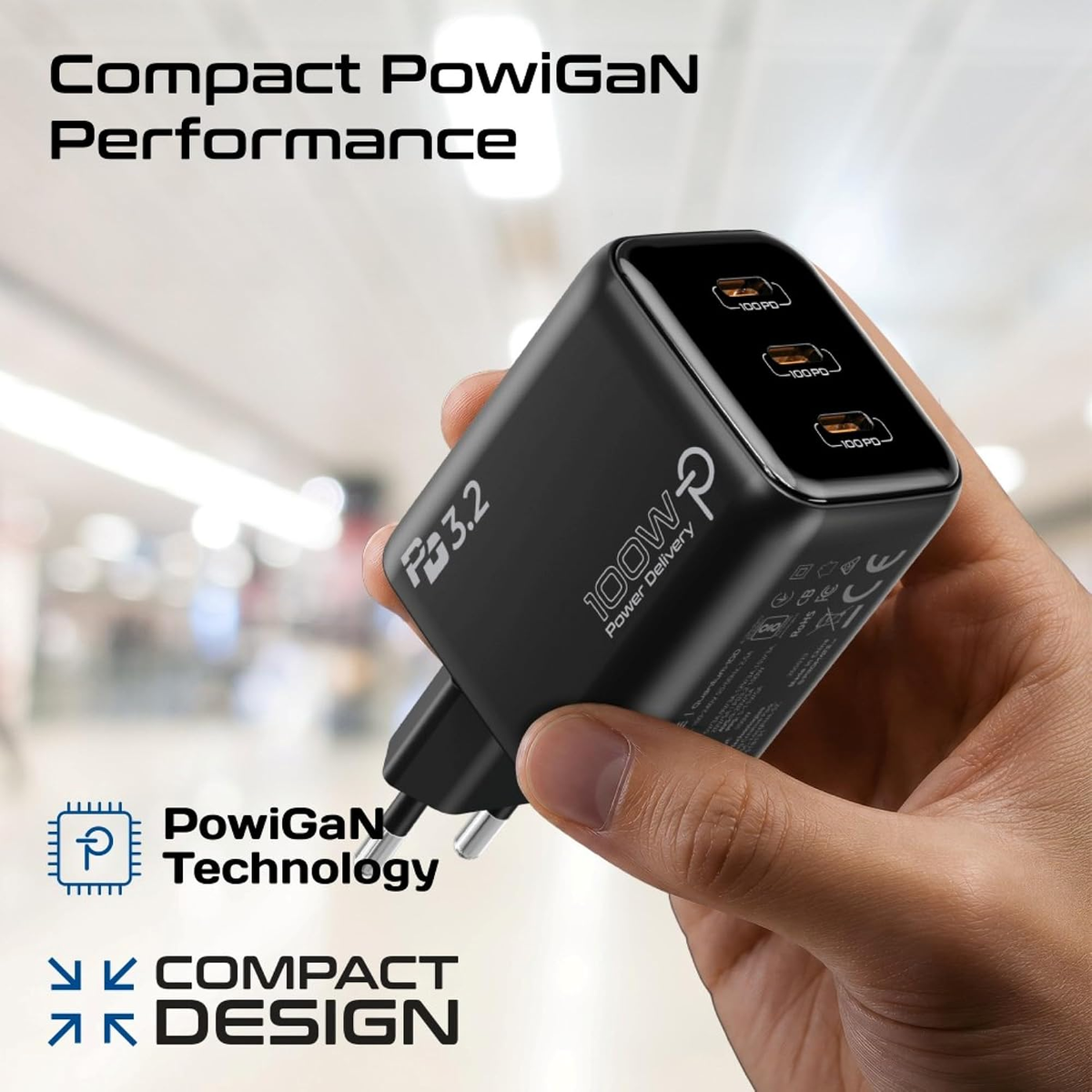 Promate Quantum100 GaN Charger 3 Port USB C Adapter Powigan 100W (WHITE)