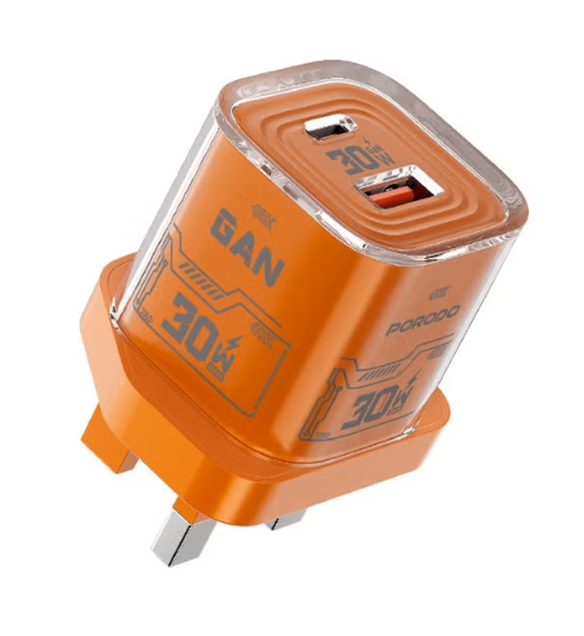 شاحن حائط Porodo TEZCLARTÉ GaN بقدرة 30 واط بمنفذين USB-C وUSB-A