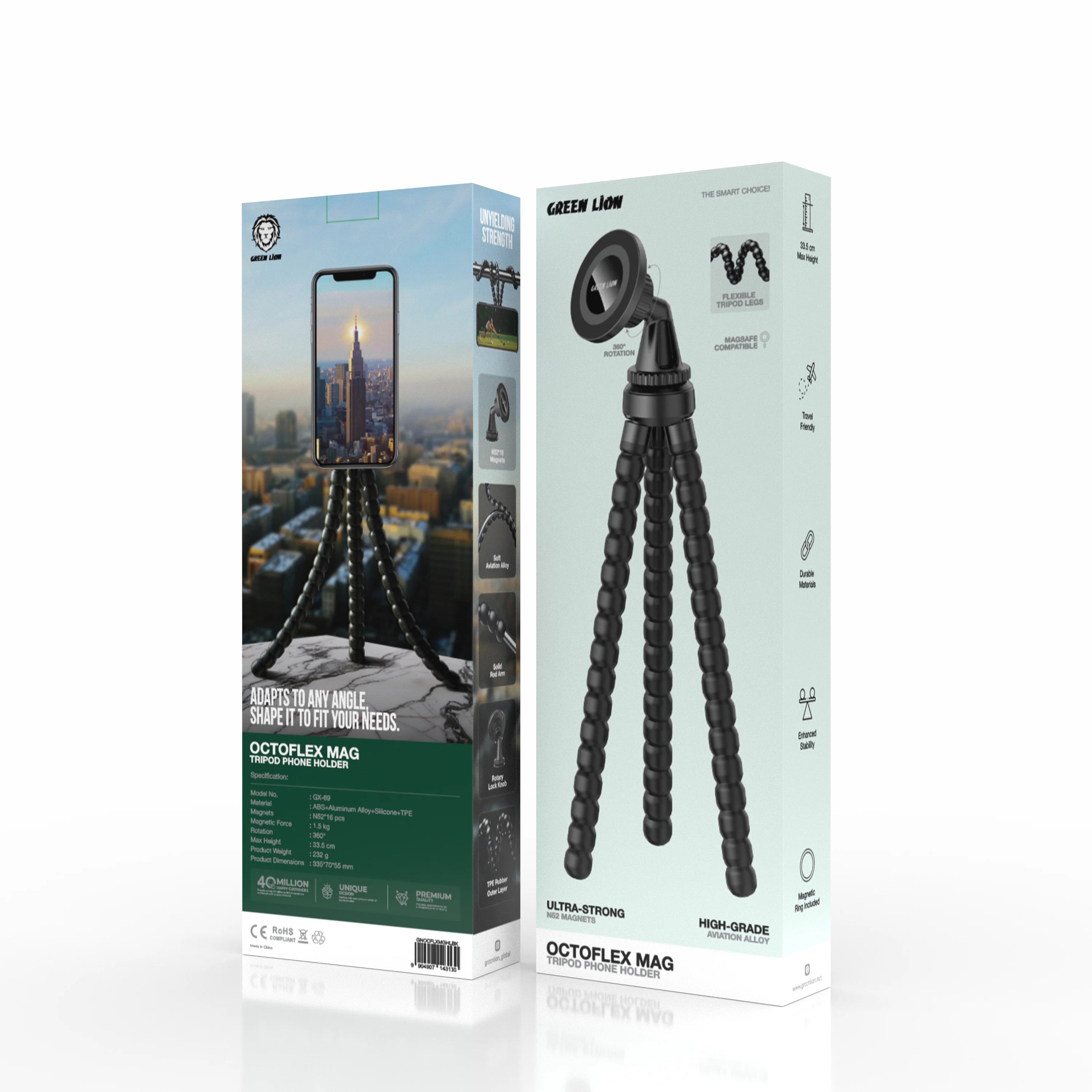 حامل الهاتف Green Lion Octoflex Mag Tripod المغناطيسي مع MagSafe وأرجل مرنة – أسود