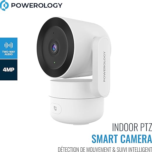 Powerology 4MP Indoor PTZ Smart Camera with Dual-Band WiFi, AI Motion Detection & 256GB Storage Support – White