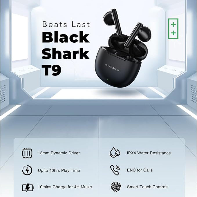 Black Shark T9 Bluetooth Wireless Earbuds with ENC & Gaming Mode – Black / White