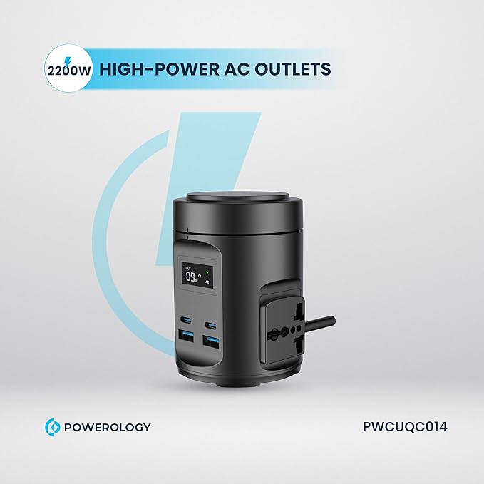 Powerology MagSafe Power Hub 65W PD Charger with 2 Universal AC Sockets & 2200W Power Output – Black
