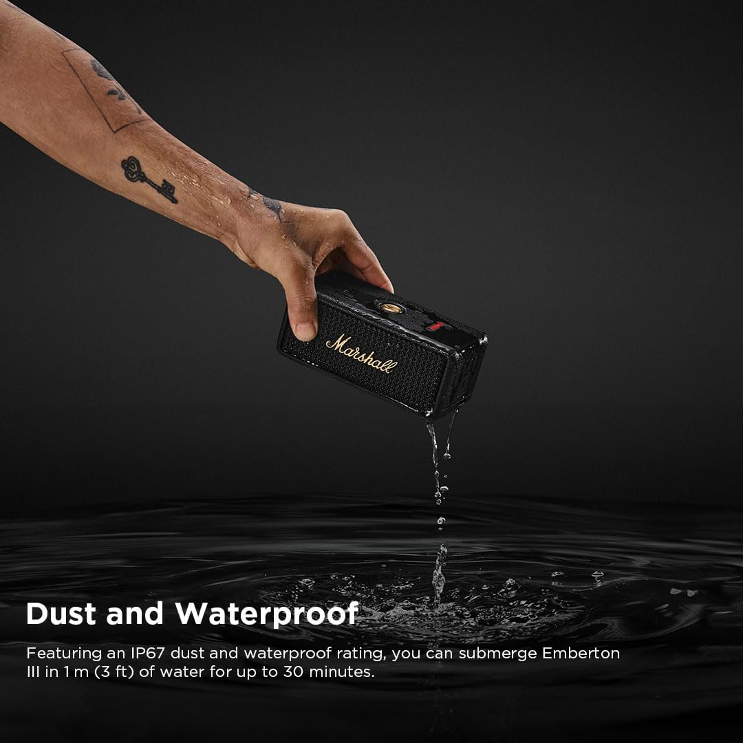 Marshall Emberton III Portable Bluetooth Speaker - Black and Brass 32+ HOUES