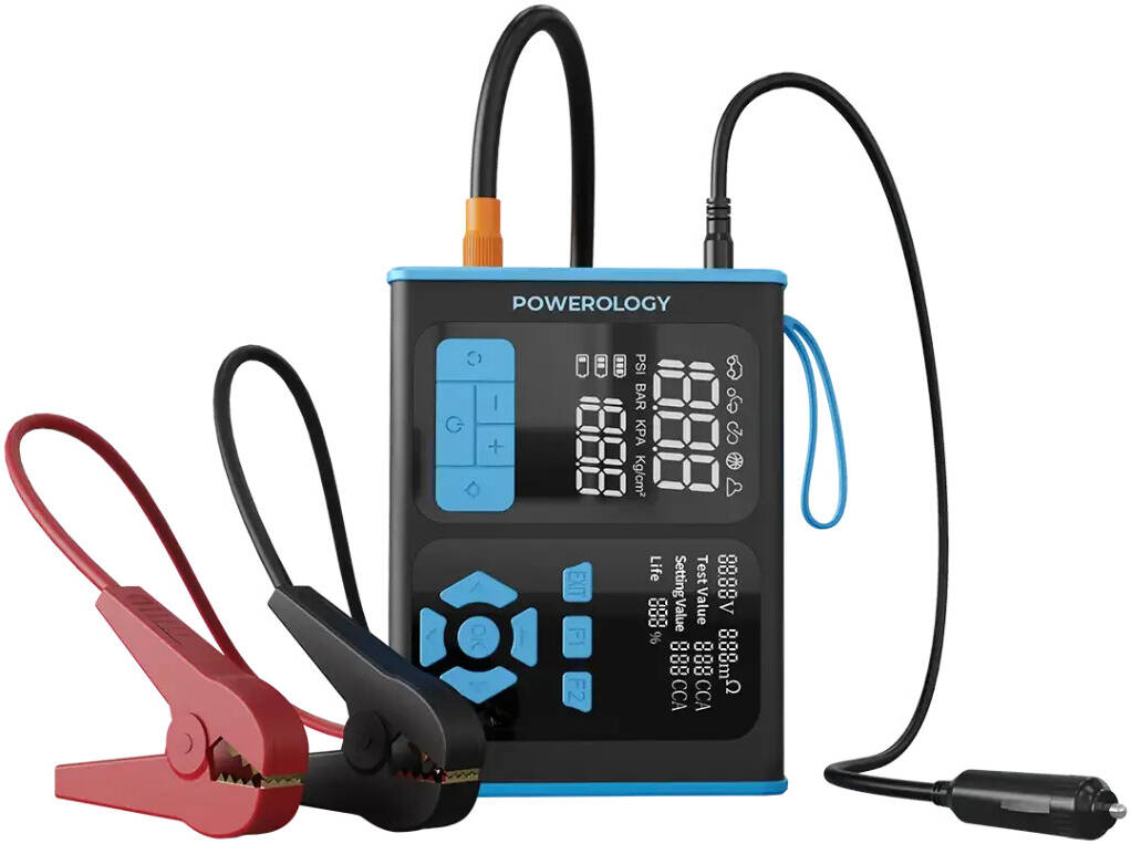 Powerology جهاز تشغيل السيارة المحمول، مضخة هواء وأداة تشخيص السيارات OBD II - أسود/أزرق