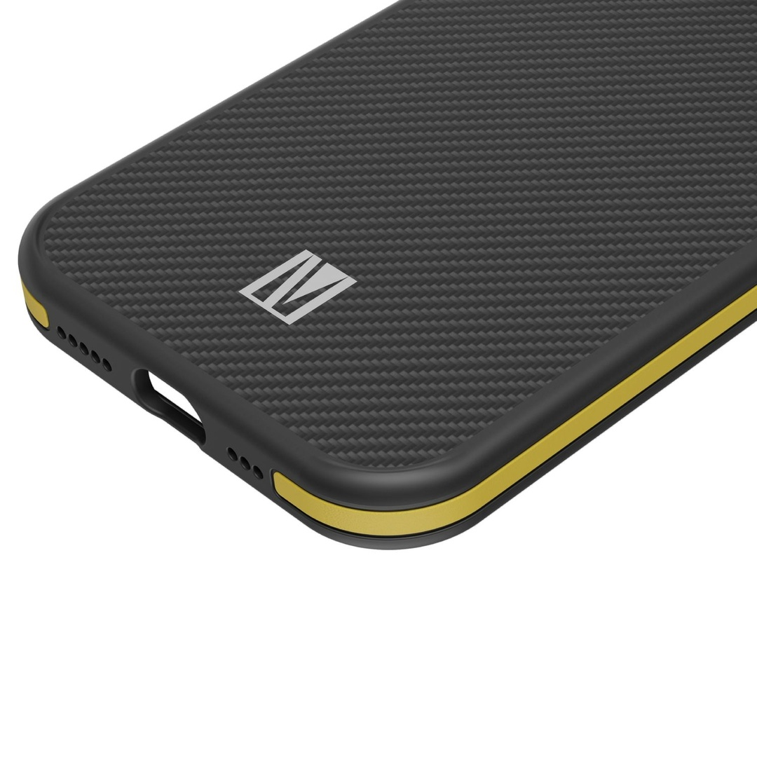 Levelo Yellow iPhone Pro Carbon Case with Shock-Proof Edges and MagSafe Compatibility