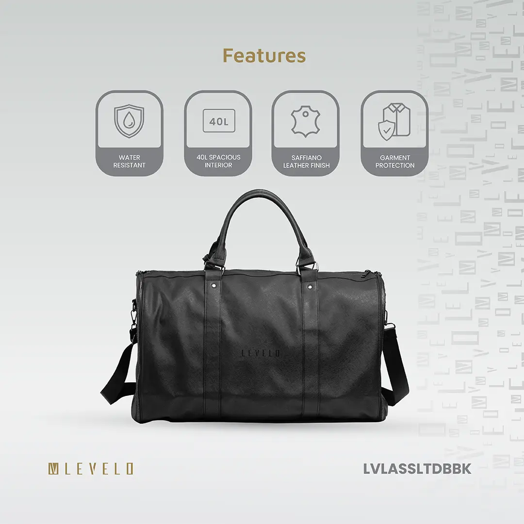 Levelo AllinStyle Saffiano Leather Travel Duffle Bag - Black LVLASSLTDBBK