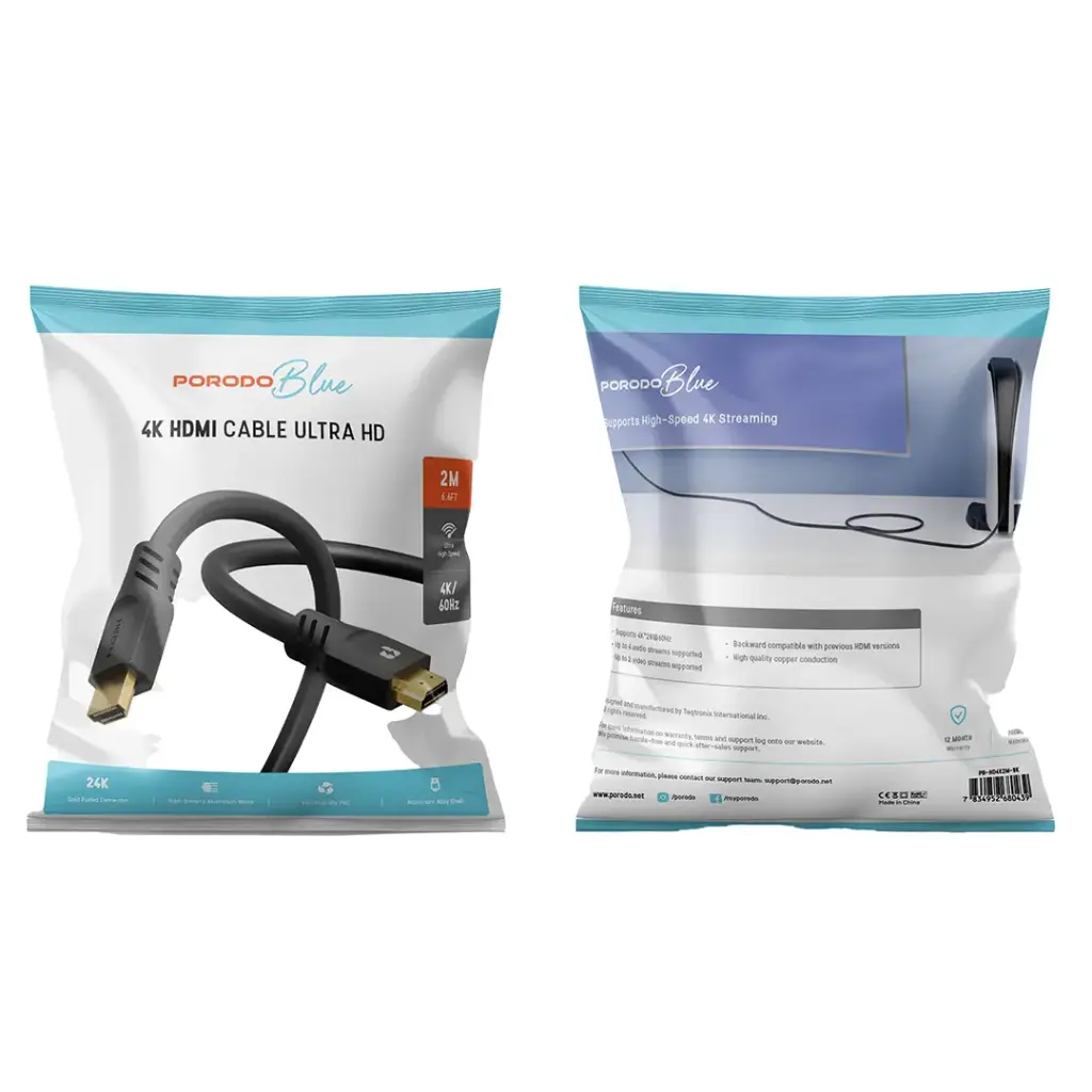 Porodo Blue 4K HDMI Ultra HD Cable 60Hz 2m / 6.6ft - Black
