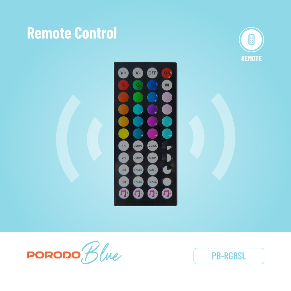 Porodo Blue RGB Light Strip 16.4 Ft Sound Reactive RGB Strip Light with 44 Key Remote
