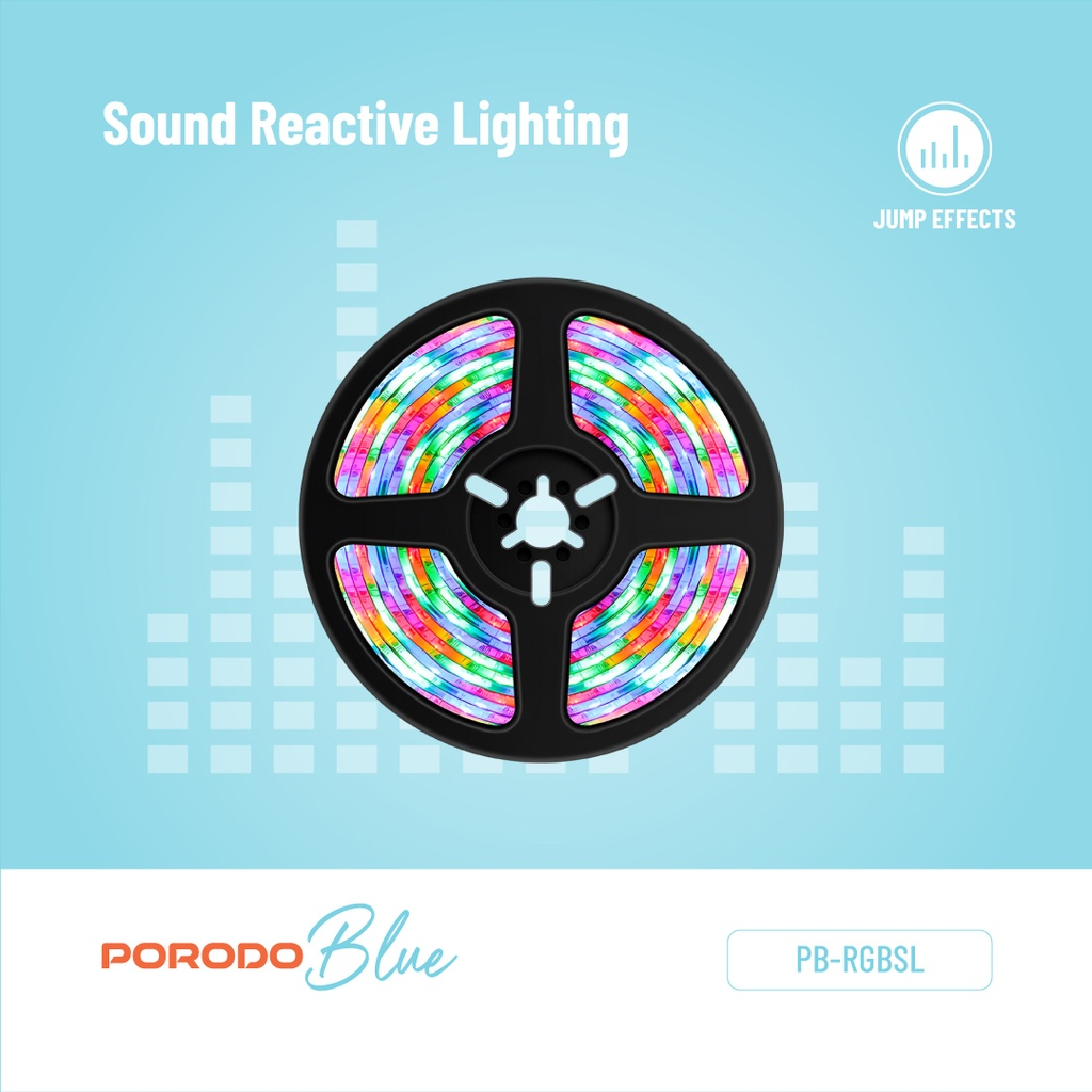 Porodo Blue RGB Light Strip 16.4 Ft Sound Reactive RGB Strip Light with 44 Key Remote