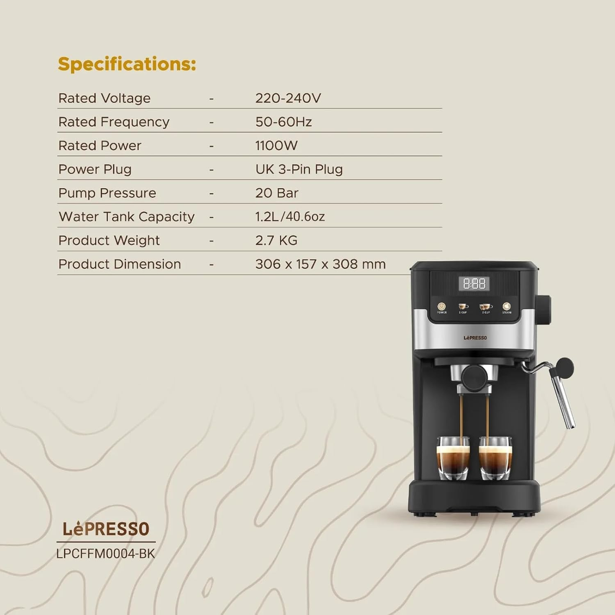 LePresso Suprema 20 Bar 2 cups dualstainless steel filter Coffee Machine - Black